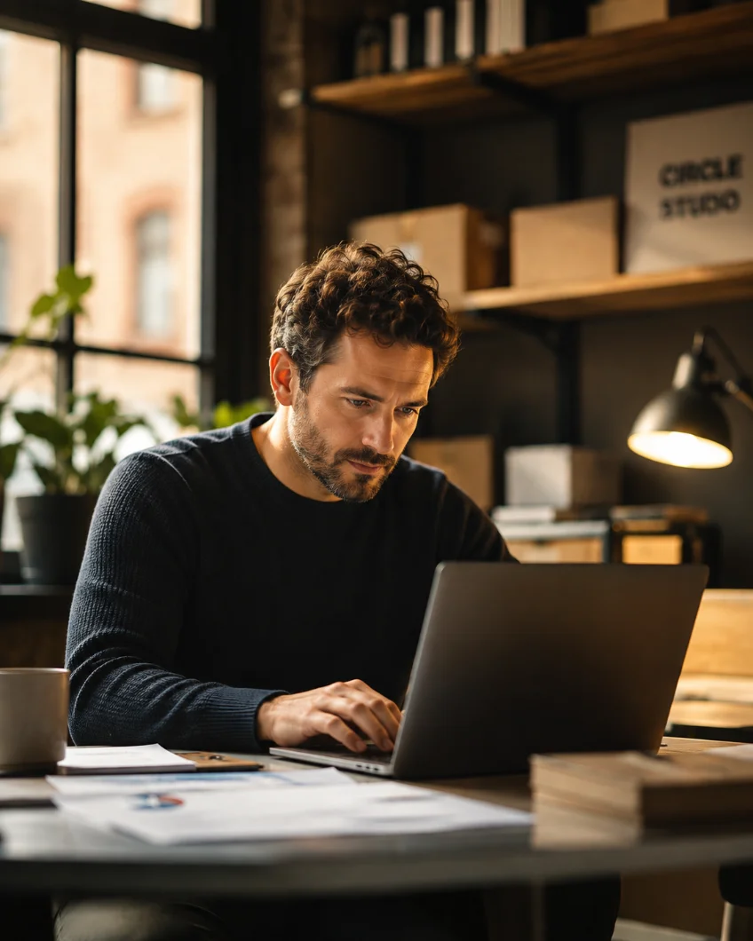Titolare di una piccola impresa abruzzese al lavoro al computer